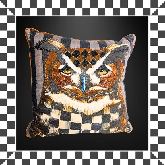 MacKenzie Childs Check Owl Pillow Autumnology 18 x 18 - Picture 1 of 6